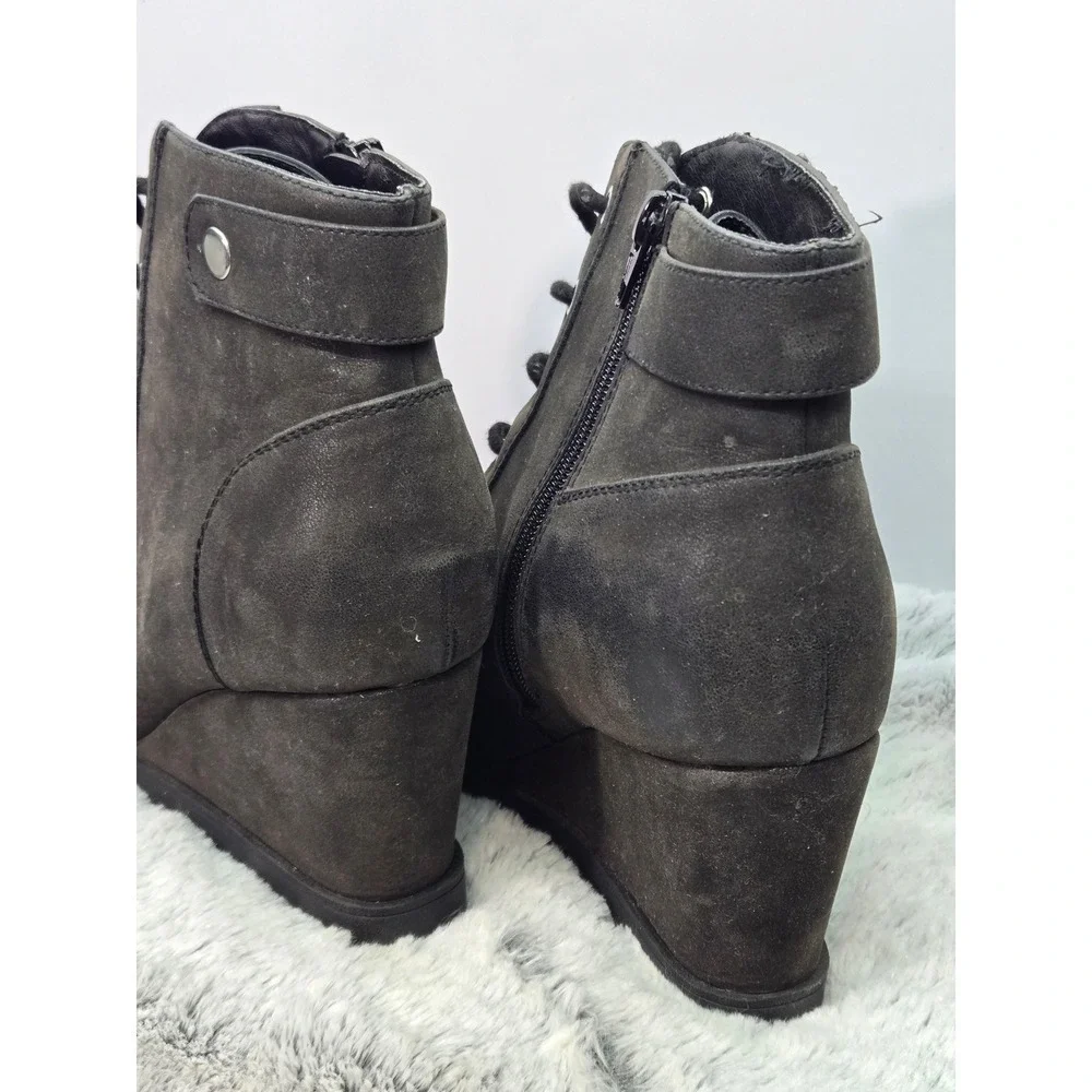 Unr8ed Carbon Wedge Booties Women's 8.5M Black Lace Up Ankle Boots‎ Zip Casual